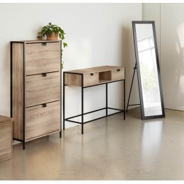 Consola Aliaj con estructura metálica negra y superficie de madera, 2 cajones y hueco abierto