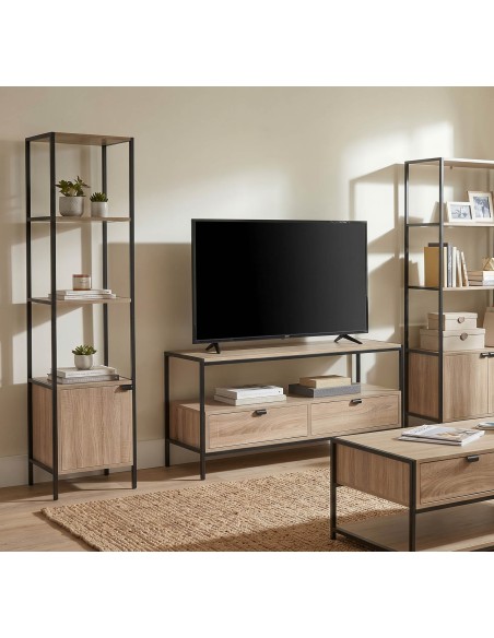 Mueble de TV Aliaj de madera y metal – 2 cajones y estante abierto. Estilo industrial en formato compacto.