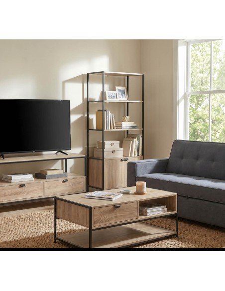 Mesa de centro Aliaj de madera y metal – 1 cajón y nicho. Estilo industrial funcional para salones modernos.