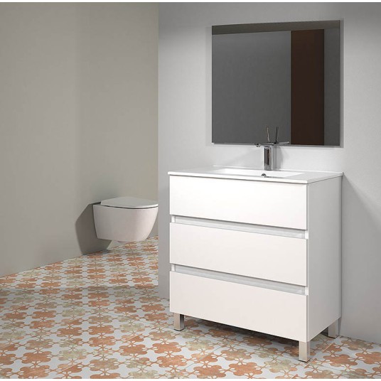 mueble de baño Madrid blanco brillo con lavabo y espejo 80 cm.