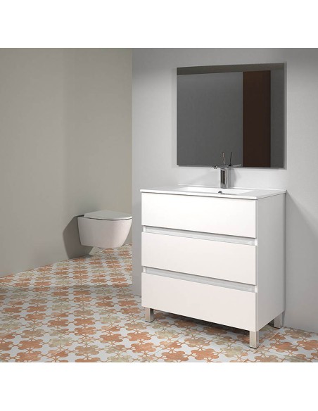 mueble de baño Madrid blanco brillo con lavabo y espejo 80 cm.