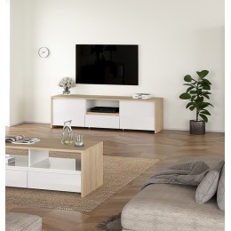 Mueble TV Nael Blanco y Roble Jackson Hickory para televisores de hasta 70 pulgadas.