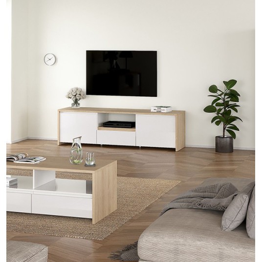 Mueble TV Nael Blanco y Roble Jackson Hickory para televisores de hasta 70 pulgadas.