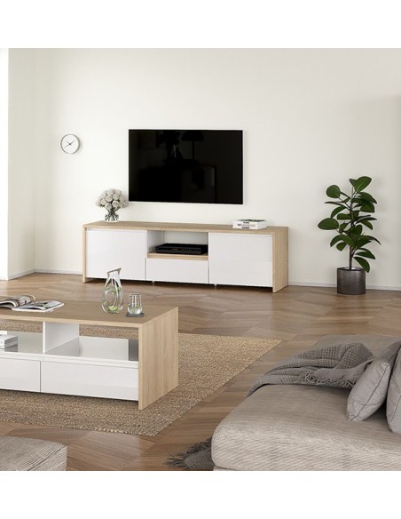 Mueble TV Nael Blanco y Roble Jackson Hickory para televisores de hasta 70 pulgadas.