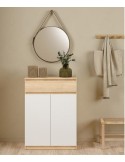 Zapatero Leia blanco y Roble Jackson Hickory con dos puertas abatibles y cajón