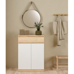 Zapatero Leia blanco y Roble Jackson Hickory con dos puertas abatibles y cajón