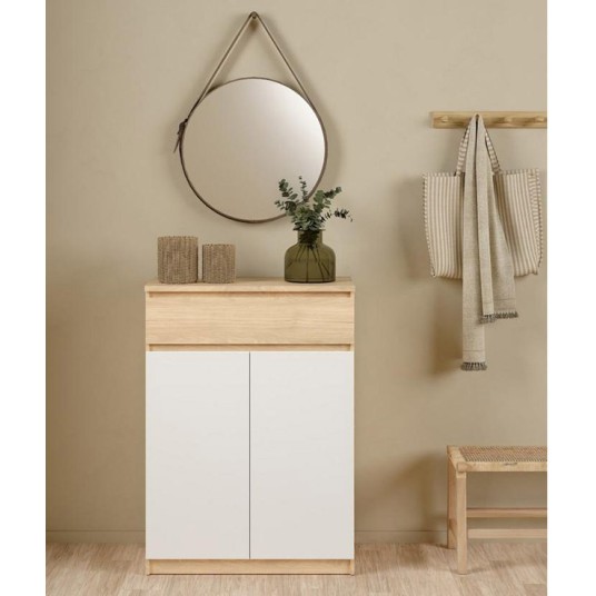 Zapatero Leia blanco y Roble Jackson Hickory con dos puertas abatibles y cajón