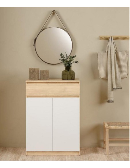 Zapatero Leia blanco y Roble Jackson Hickory con dos puertas abatibles y cajón