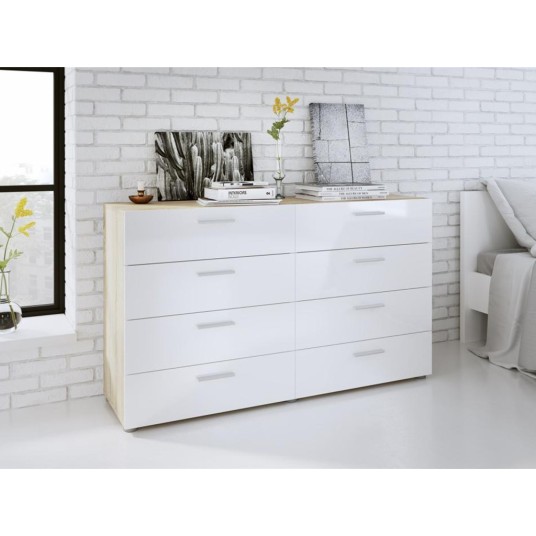 Cómoda Bru de 8 Cajones Roble y Blanco