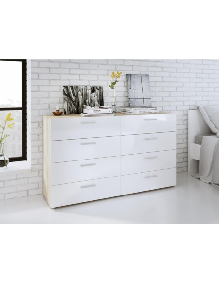 Cómoda Bru de 8 Cajones Roble y Blanco