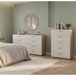 Cómoda Bru de 8 cajones en roble y blanco brillante para dormitorio.