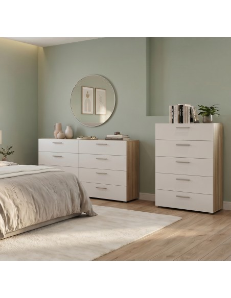 Cómoda Bru de 8 cajones en roble y blanco brillante para dormitorio.