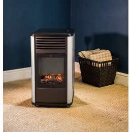 Estufa de gas Manhattan de 3,4 kW en blanco y negro con efecto leña.