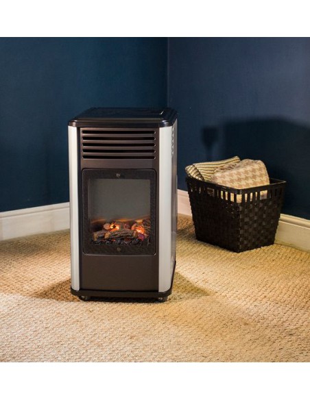 Estufa de gas Manhattan de 3,4 kW en blanco y negro con efecto leña.