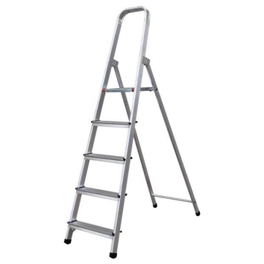 Escalera doméstica de aluminio y acero de 5 peldaños con tacos antideslizantes