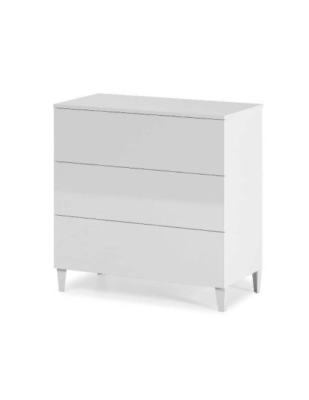 Cómoda Diva de 3 cajones sin tiradores, diseño compacto en melamina blanca con patas PVC blanco.