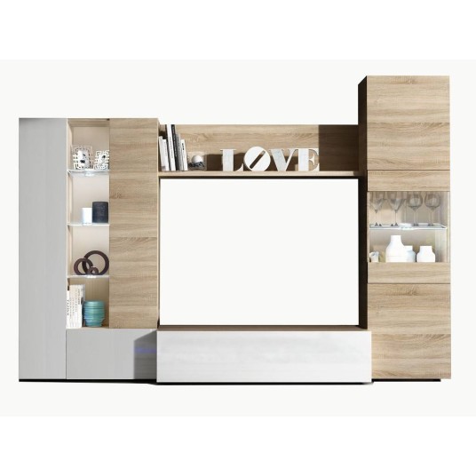 Mueble de salón moderno blanco y roble con LED Essential