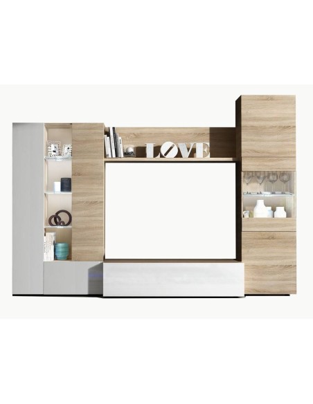 Mueble de salón moderno blanco y roble con LED Essential