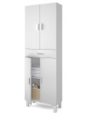 Columna de baño Aruba blanca brillo con cajón central y puertas abatibles.