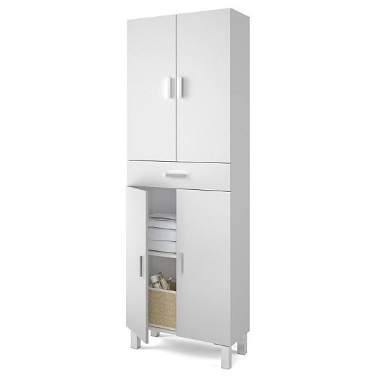 Columna de baño Aruba blanca brillo con cajón central y puertas abatibles.