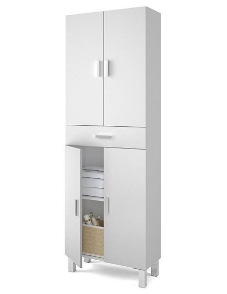 Columna de baño Aruba blanca brillo con cajón central y puertas abatibles.