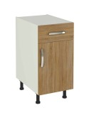 Mueble de cocina bajo en melamina roble con 1 puerta, 1 cajón metálico y balda interior móvil.