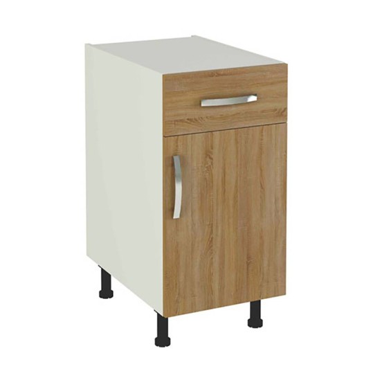 Mueble de cocina bajo en melamina roble con 1 puerta, 1 cajón metálico y balda interior móvil.