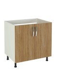Mueble fregadero de cocina en melamina roble con 2 puertas, tiradores cromados y patas regulables.