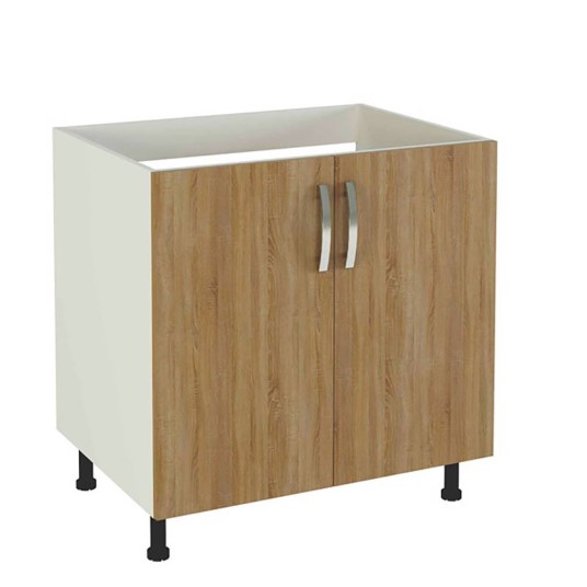 Mueble fregadero de cocina en melamina roble con 2 puertas, tiradores cromados y patas regulables.