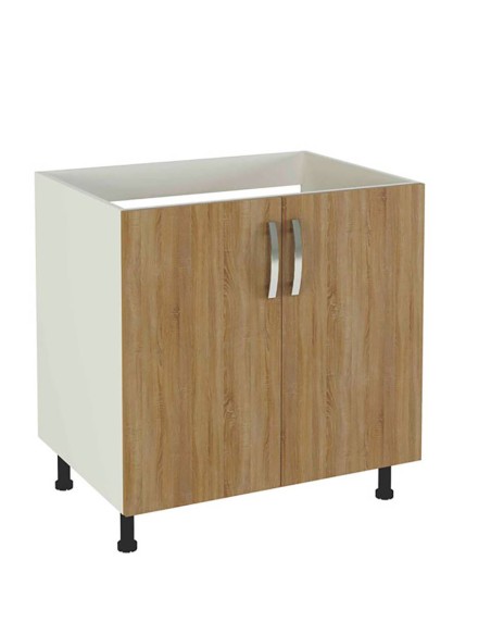 Mueble fregadero de cocina en melamina roble con 2 puertas, tiradores cromados y patas regulables.