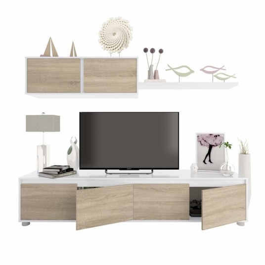 Mueble de salón TV Alida en blanco artik y roble Canadian con módulo bajo, estante y vitrina.