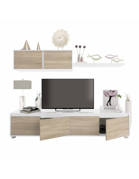 Mueble de salón TV Alida en blanco artik y roble Canadian con módulo bajo, estante y vitrina.